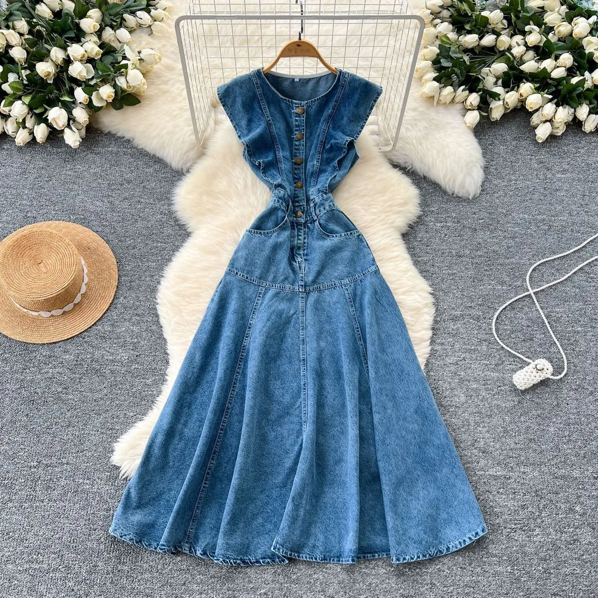 Women Fashion Casual Sleeveless Ruffled Stitching Single-Breasted Denim Dress