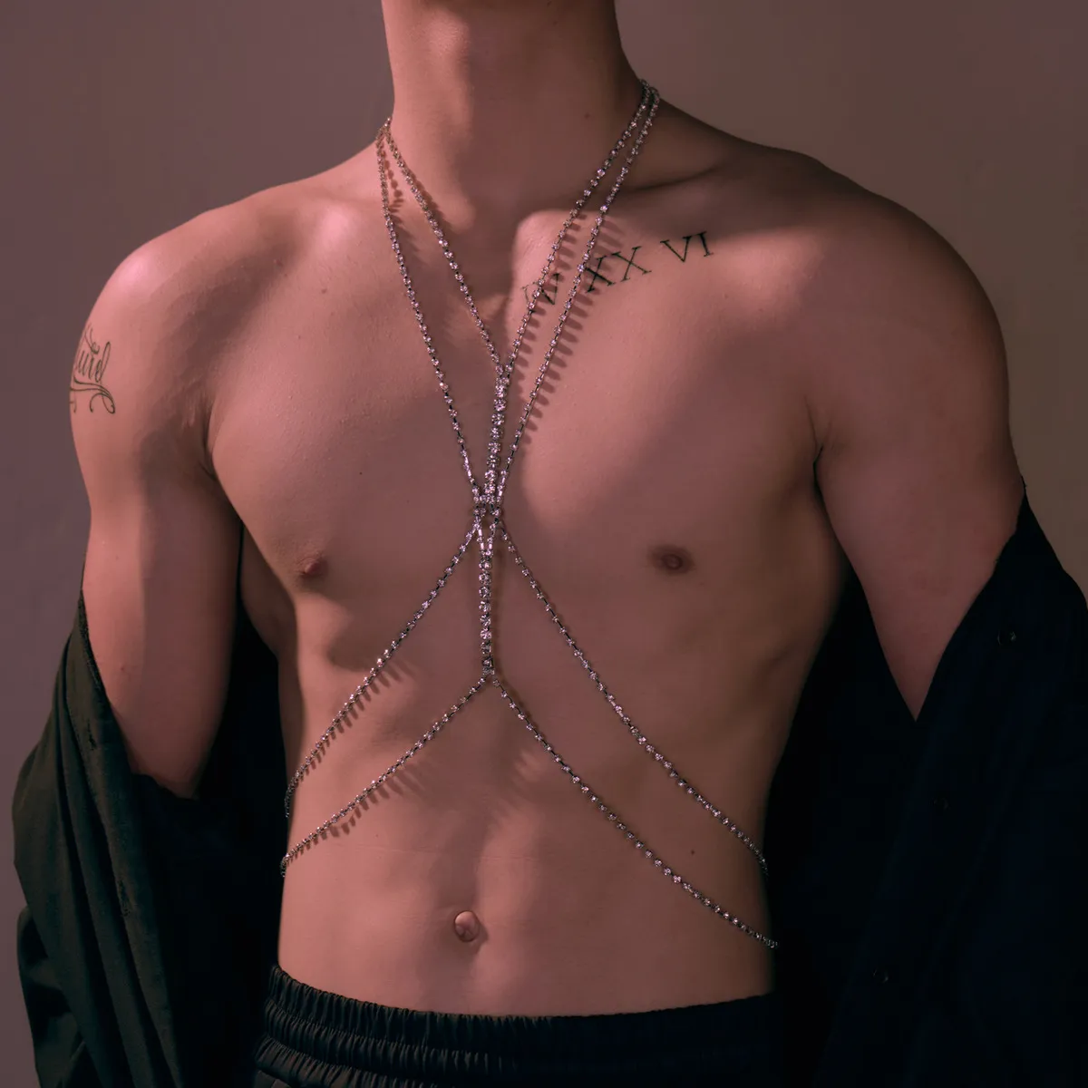Men Fashion Exaggerated Rhinestone Multi-Layer Tassel Body Chain