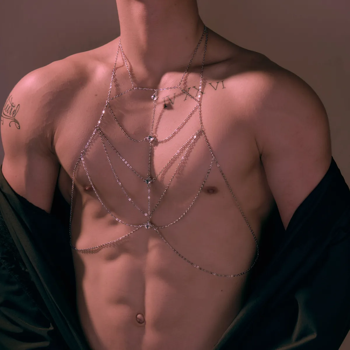Men Fashion Rhinestone Adjustable Geometric Chest Chain