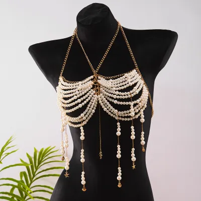 Women Sexy Pearl Beaded Chest Chain Body Chain Jewelry