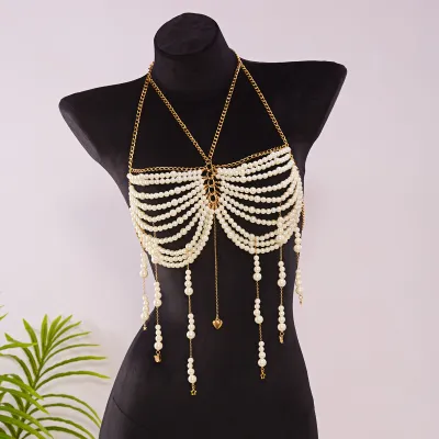 Women Sexy Pearl Beaded Chest Chain Body Chain Jewelry