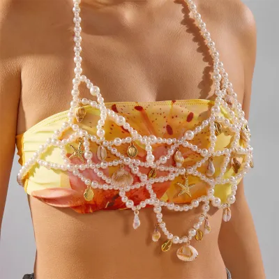 Women Sexy Pearl Beaded Chest Chain Body Chain Jewelry
