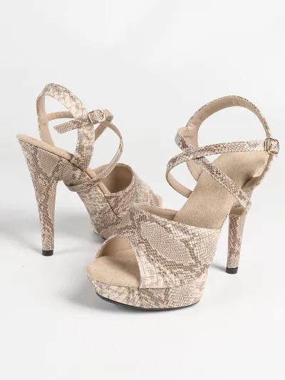 Women Fashion Snake Pattern Cross Strap Peep-Toe Platform Pole Dancing Super High Heels