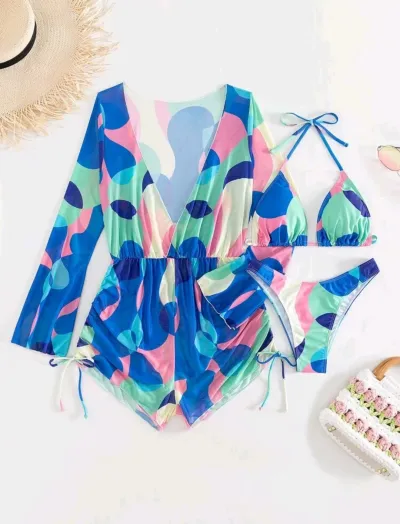 Women Fashion Printed Long-Sleeve Mesh Blouse Bikini Swimsuit Three-Piece Set