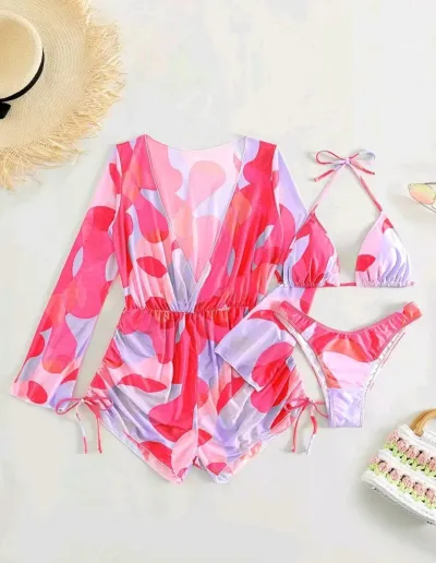 Women Fashion Printed Long-Sleeve Mesh Blouse Bikini Swimsuit Three-Piece Set