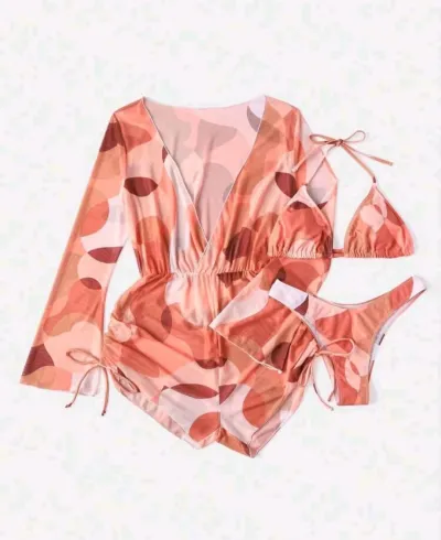 Women Fashion Printed Long-Sleeve Mesh Blouse Bikini Swimsuit Three-Piece Set