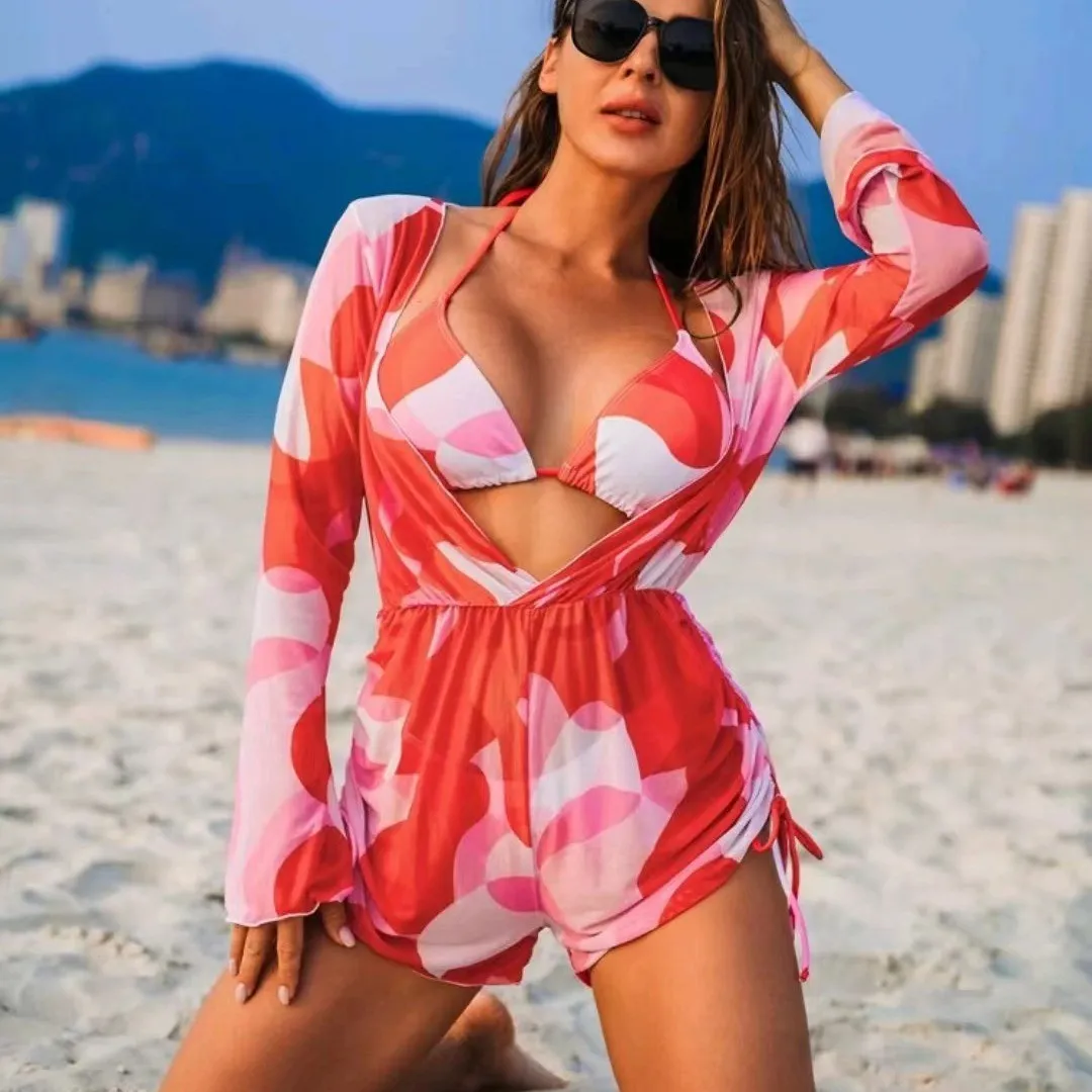 Women Fashion Printed Long-Sleeve Mesh Blouse Bikini Swimsuit Three-Piece Set
