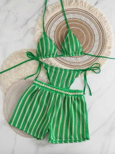 Women Fashion Sexy Stripe Halter-Neck Lace-Up Bikini Swimsuit Three-Piece Suit