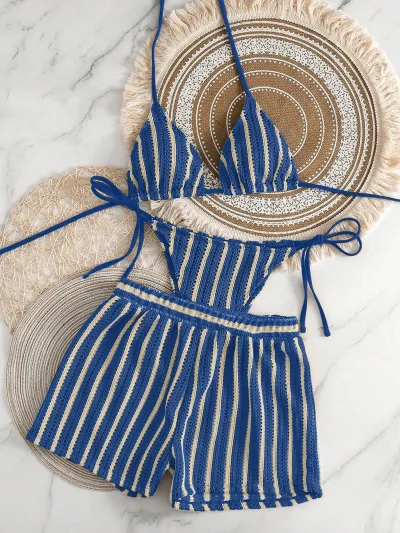 Women Fashion Sexy Stripe Halter-Neck Lace-Up Bikini Swimsuit Three-Piece Suit