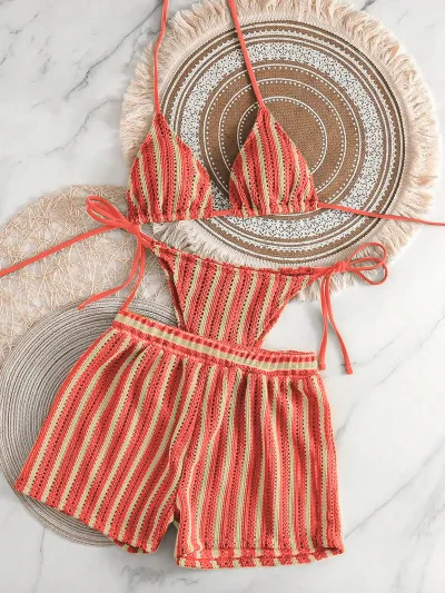 Women Fashion Sexy Stripe Halter-Neck Lace-Up Bikini Swimsuit Three-Piece Suit