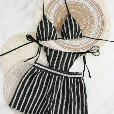 Women Fashion Sexy Stripe Halter-Neck Lace-Up Bikini Swimsuit Three-Piece Suit