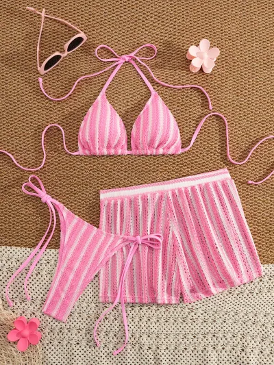 Women Fashion Sexy Stripe Halter-Neck Lace-Up Bikini Swimsuit Three-Piece Suit