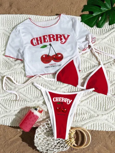 Women Fashion Sexy Printed Short-Sleeve T-Shirt Slim-Fit Bikini Swimsuit Three-Piece Set