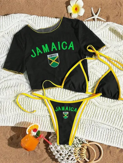 Women Fashion Sexy Printed Short-Sleeve T-Shirt Slim-Fit Bikini Swimsuit Three-Piece Set