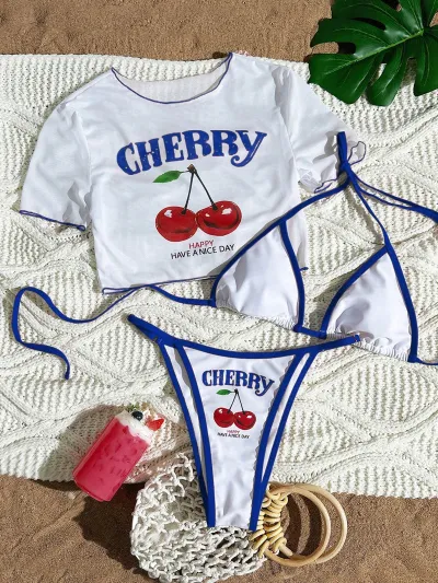 Women Fashion Sexy Printed Short-Sleeve T-Shirt Slim-Fit Bikini Swimsuit Three-Piece Set