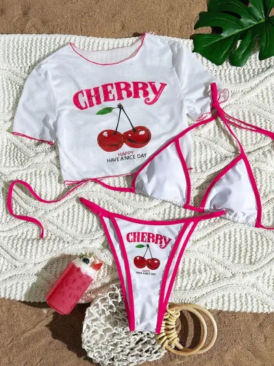 Women Fashion Sexy Printed Short-Sleeve T-Shirt Slim-Fit Bikini Swimsuit Three-Piece Set