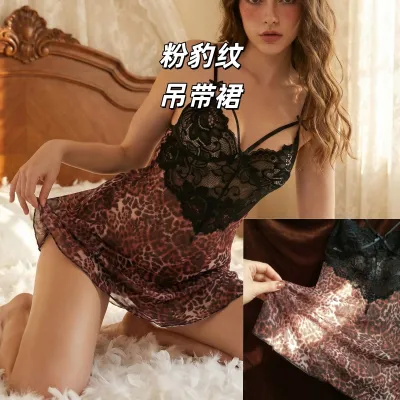 Women Fashion Sexy Summer Leopard Print Lace Mesh Perspective Nightdress