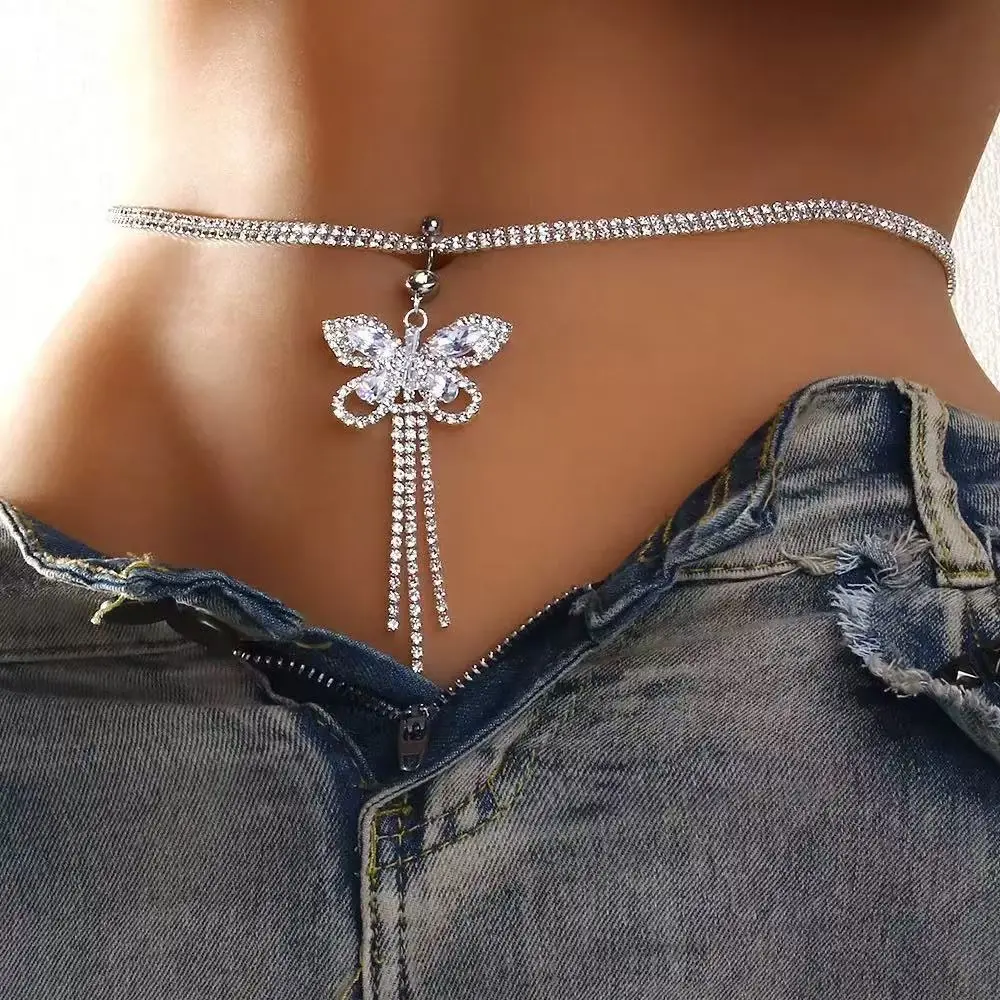 Women Fashion Sexy Rhinestone Butterfly Pendant Tassel Waist Chain