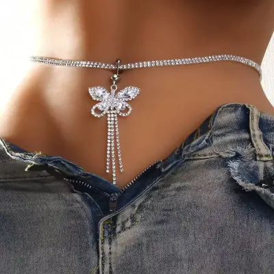 Women Fashion Sexy Rhinestone Butterfly Pendant Tassel Waist Chain