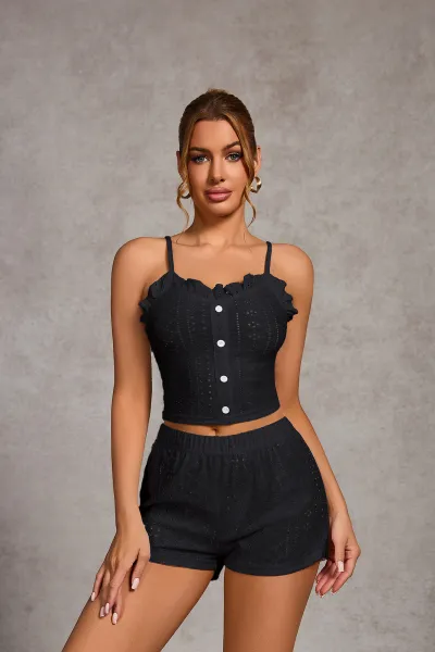 Women Fashion Sexy Solid Color Button Ruffled Camisole Loose Shorts Pajamas Two-Piece Set