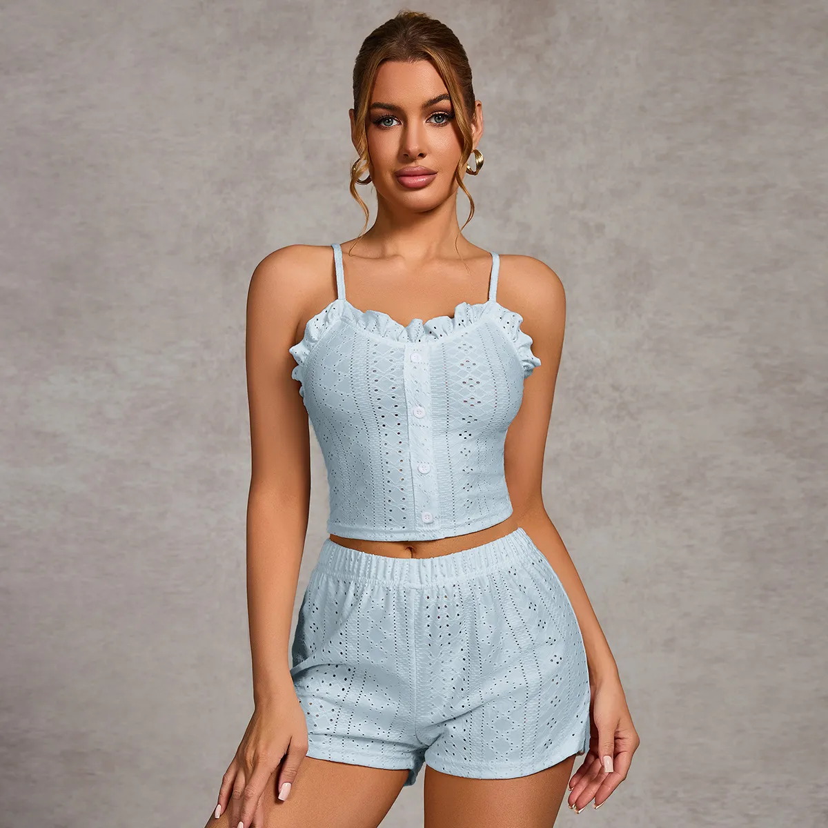 Women Fashion Sexy Solid Color Button Ruffled Camisole Loose Shorts Pajamas Two-Piece Set
