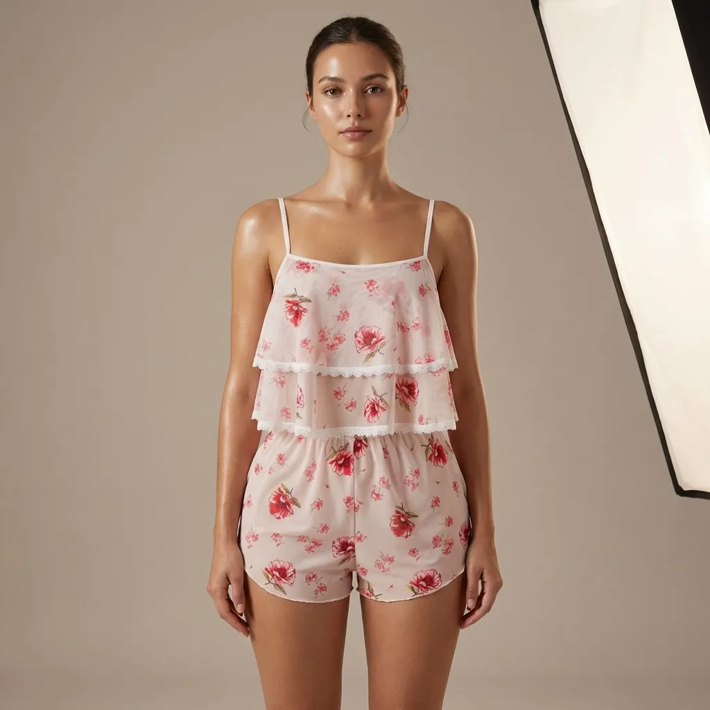 Women Fashion Sexy Mesh Printed Camisole Loose Shorts Pajamas Two-Piece Set