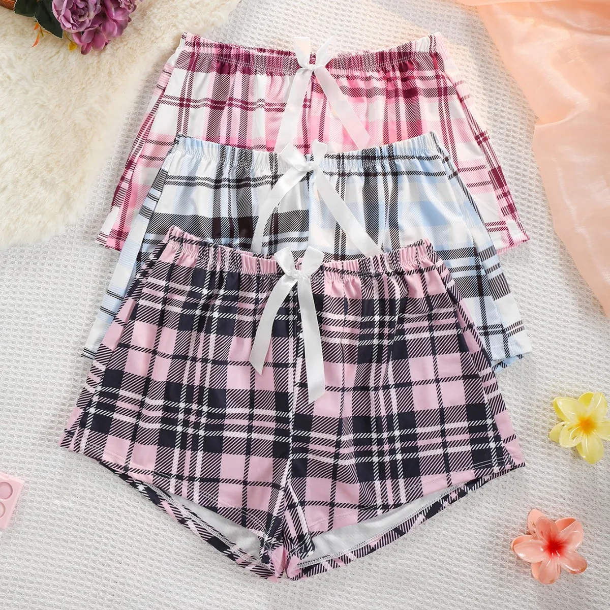 Women Fashion Casual Plaid Printed Pajamas Shorts