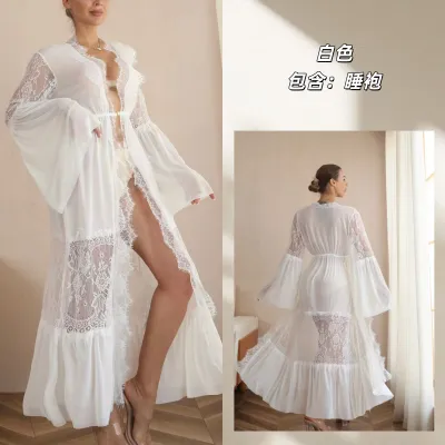 Women Fashion Sexy Mesh Lace Perspective Horn Sleeve Long Nightgown Pajamas Set