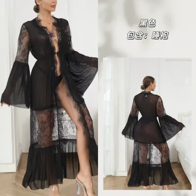 Women Fashion Sexy Mesh Lace Perspective Horn Sleeve Long Nightgown Pajamas Set