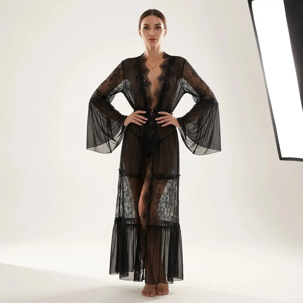 Women Fashion Sexy Mesh Lace Perspective Horn Sleeve Long Nightgown Pajamas Set