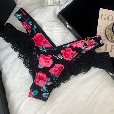 Women Fashion Sexy Printed Side V Metal Buckle Hollow Cotton Thong