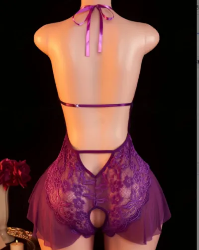 Women Fashion Solid Color Lace Mesh Corset Perspective One-Piece Sexy Lingerie Set