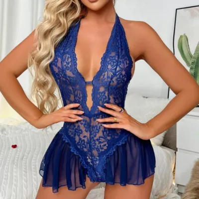 Women Fashion Solid Color Lace Mesh Corset Perspective One-Piece Sexy Lingerie Set