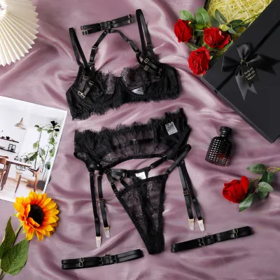 Women Fashion Solid Color Hollow Lace Perspective Sexy Lingerie Set