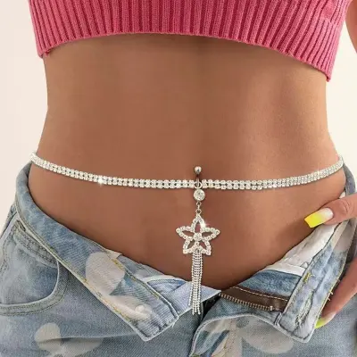 Women Sexy Rhinestone Love Heart Shape Belly Button Ring Waist Chain