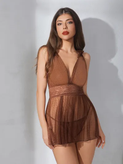 Women Fashion Solid Color Polka Dot Print Mesh Perspective Backless Sexy Lingerie Set