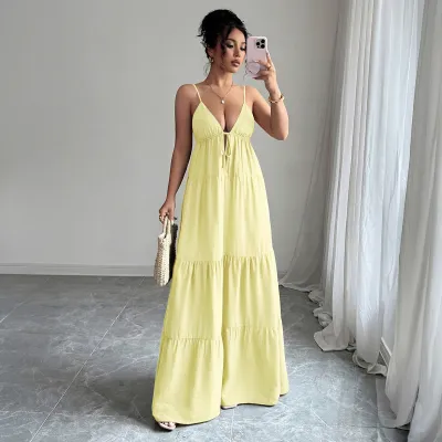 Women Fashion Elegant Solid Color Spaghetti Strap Loose Dress