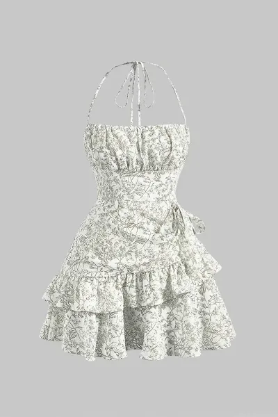 Women Fashion Sexy Flower Printed Ruffled Halter-Neck Backless Dress