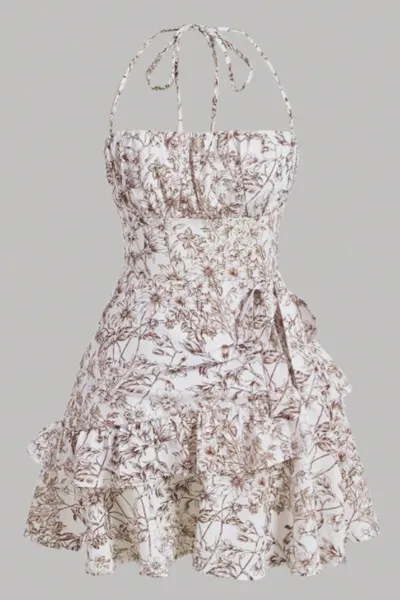 Women Fashion Sexy Flower Printed Ruffled Halter-Neck Backless Dress