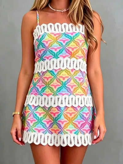 Women Fashion Casual Boho Printed Linen Lace Strap Spaghetti Strap Slim Fit Dress