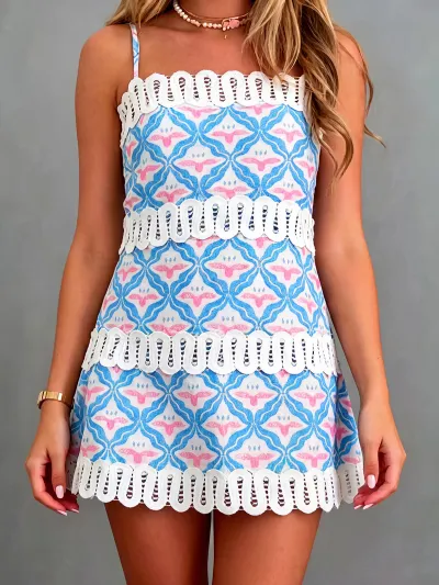 Women Fashion Casual Boho Printed Linen Lace Strap Spaghetti Strap Slim Fit Dress