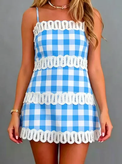 Women Fashion Casual Boho Printed Linen Lace Strap Spaghetti Strap Slim Fit Dress