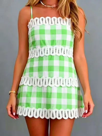 Women Fashion Casual Boho Printed Linen Lace Strap Spaghetti Strap Slim Fit Dress