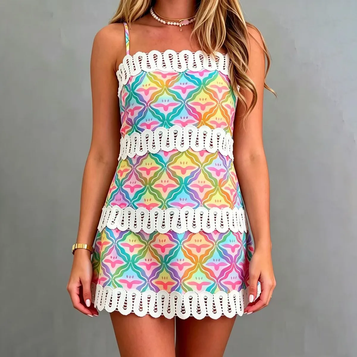 Women Fashion Casual Boho Printed Linen Lace Strap Spaghetti Strap Slim Fit Dress