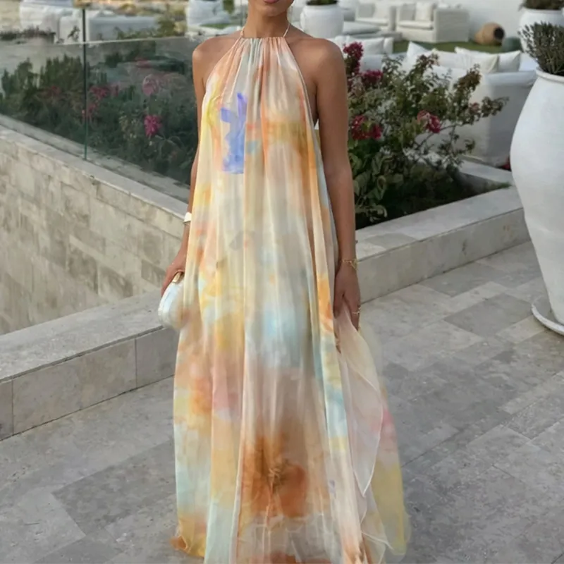Women Fashion Printed Halter-Neck Backless Loose Dress
