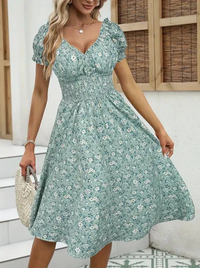 Women Fashion Casual Flower Printed Puff Sleeve Dress