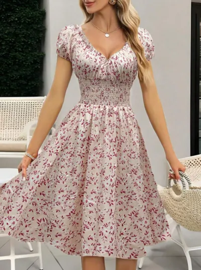 Women Fashion Casual Flower Printed Puff Sleeve Dress