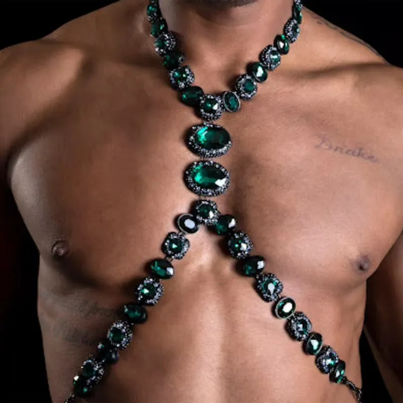Men Fashion Hip Hop Green Rhinestone Teardrop Body Chain
