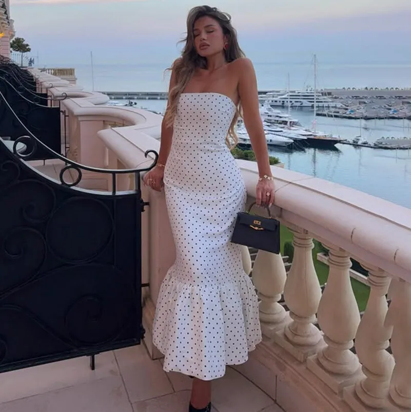 Women Fashion Elegant Polka Dot Print Tube Top Pleated Dress