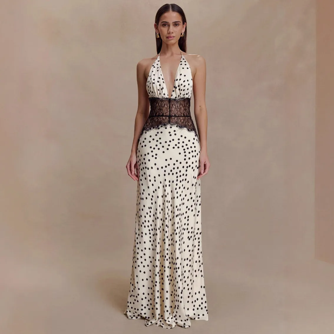 Women Fashion Sexy Elegant Polka Dot Print Lace Stitching Halter-Neck Backless Dress